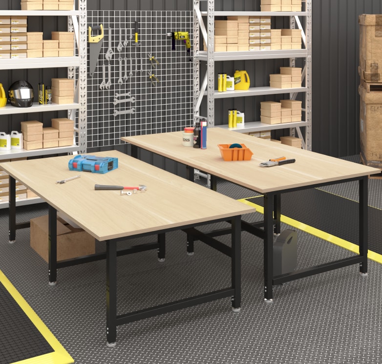 FLEXIMOUNTS 70" Heavy-Duty Packing Table, 3000 lb Capacity, Adjustable Height 29¨C35", Industrial Workbench with Rubberwood Top & Optional Shelf