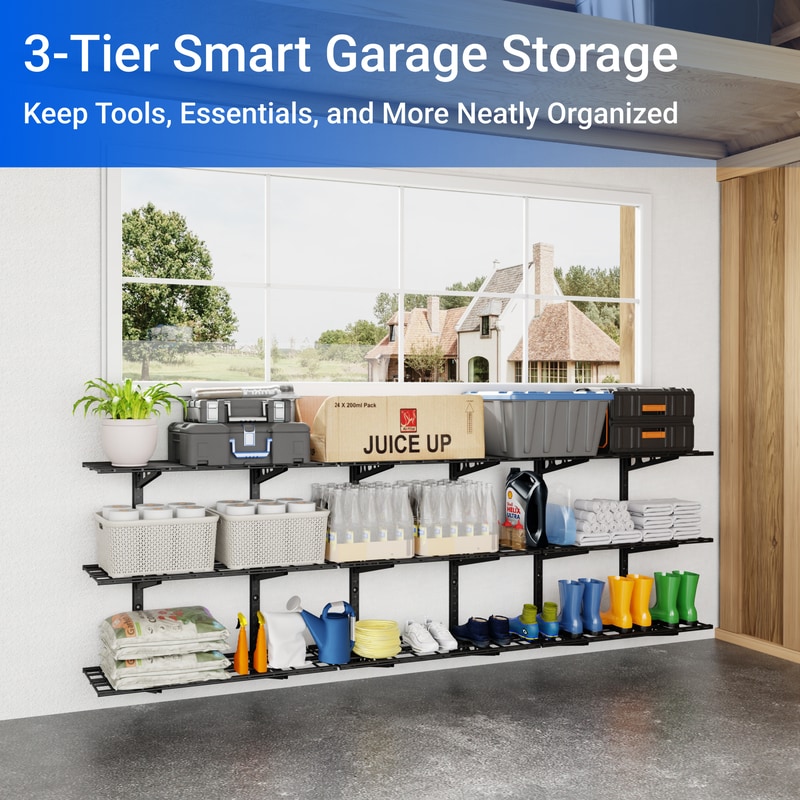 Adjustable 3-Tier 1'x3' Wall Shelving for Garage, up to 600 lbs total, Heavy Duty Wall Mounted shelves for Garage Storage, Black Wall Shelf Garage Organization