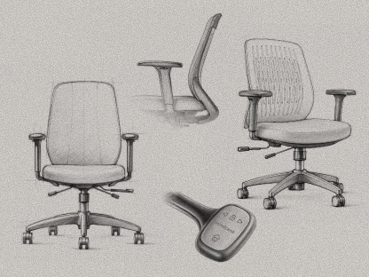 Pencil sketches of the ErgoStretch office chair, showing multiple views and functional controls.