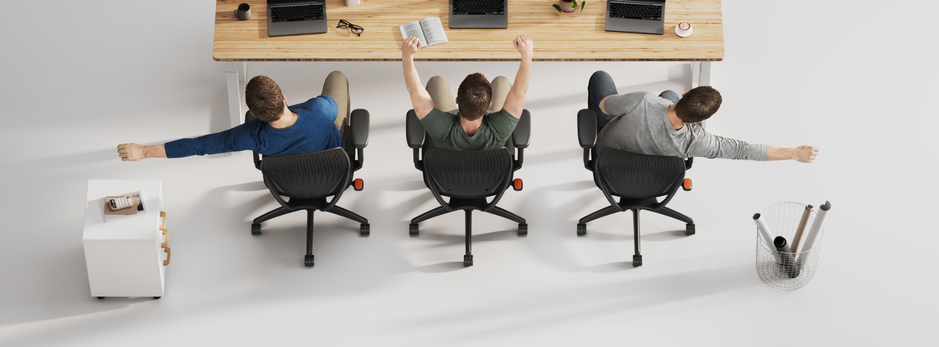 Three men using ErgoStretch chairs in an office, showing the flexible, supportive backrest during different stretches.