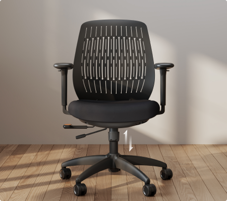 ErgoStretch chair demonstrating seat height adjustment in an office setting.