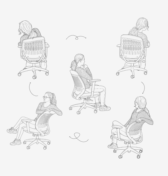 Line art showing different ways to use the ErgoStretch chair for work, stretching, and casual chats.